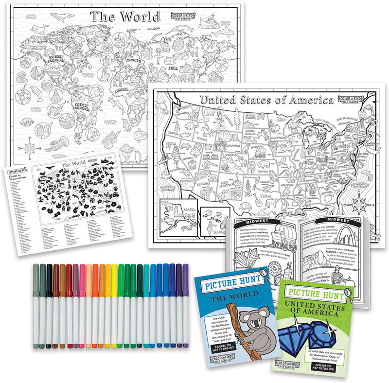 Color and Find Map Posters: USA and World