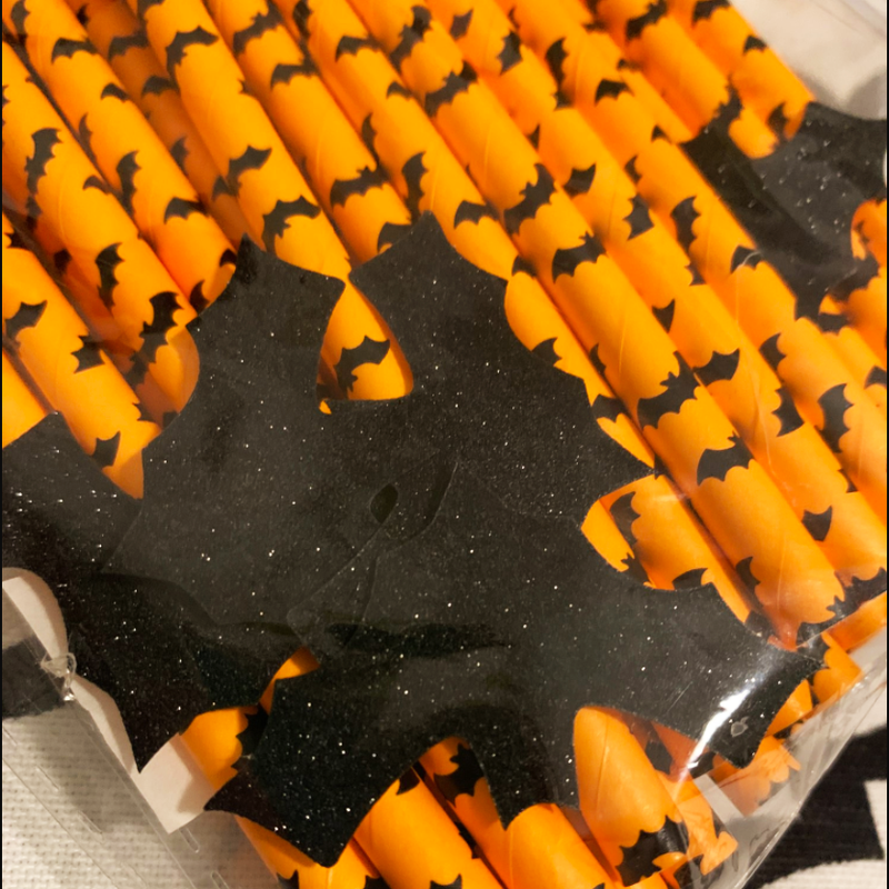 Orange and Black Bat Paper Drinking Straws (Set of 25)