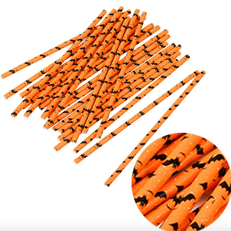 Orange and Black Bat Paper Drinking Straws (Set of 25)