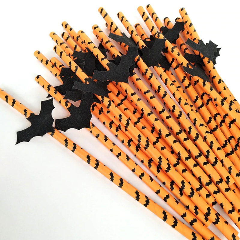 Orange and Black Bat Paper Drinking Straws (Set of 25)