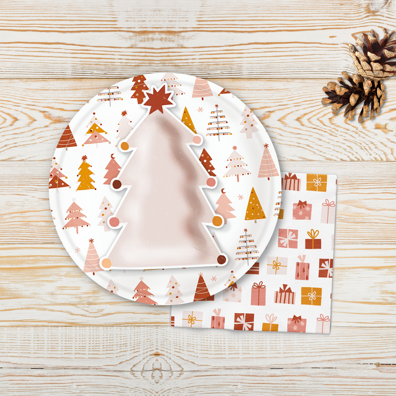 Boho Pink Christmas Tree Shaped Paper Plates (Set of 8)