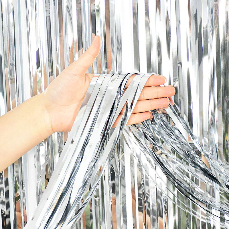 Silver Metallic Fringe Tinsel Curtain Backdrop (2 pack)