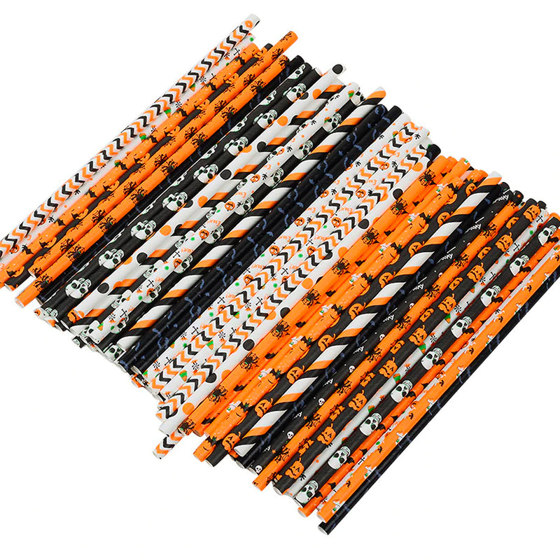 Black, Orange, & White Halloween Icon Paper Straws (Set of 24)