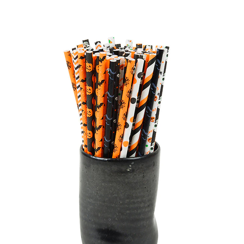 Black, Orange, & White Halloween Icon Paper Straws (Set of 24)