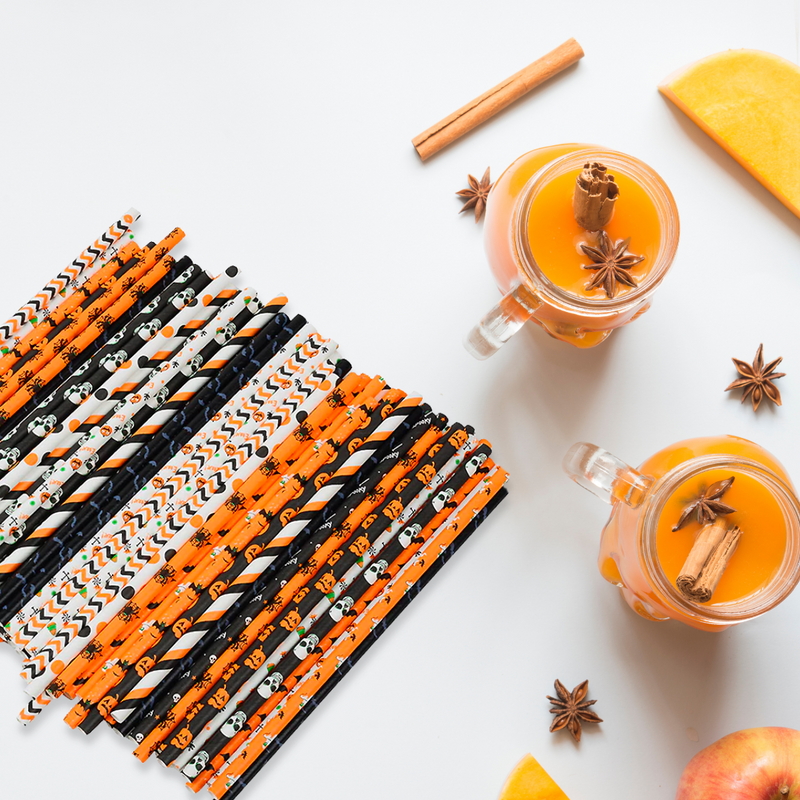 Black, Orange, & White Halloween Icon Paper Straws (Set of 24)