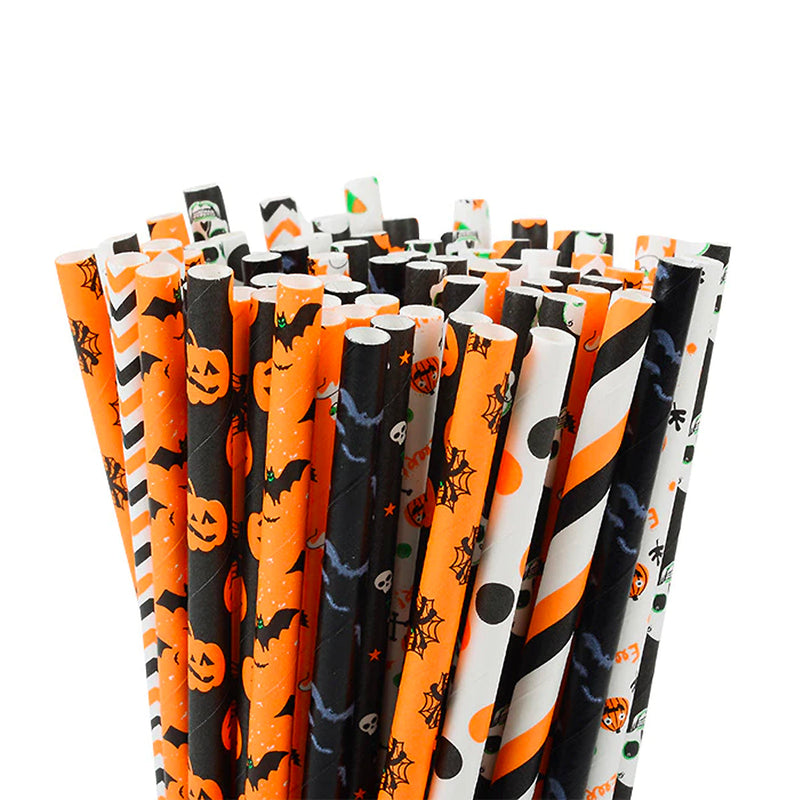 Black, Orange, & White Halloween Icon Paper Straws (Set of 24)