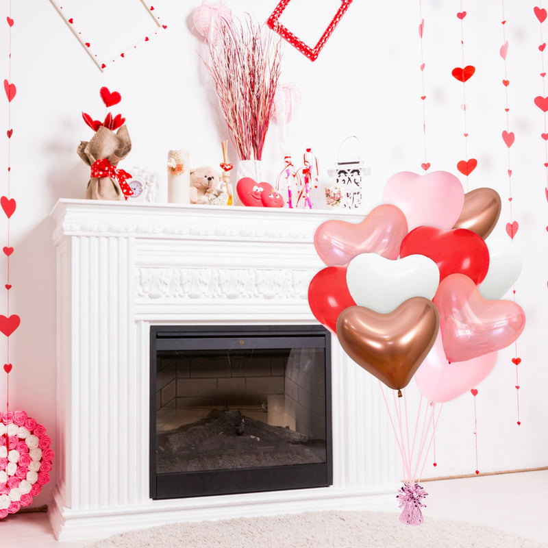 Red, White, Pink, & Rose Gold Heart Shaped Balloon Bouquet (10 Pack)