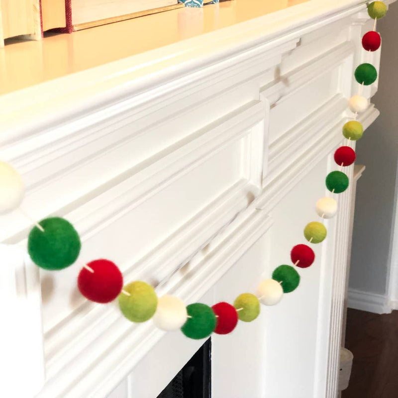 Red, Green and White 5-Foot Christmas Mantel and Tree Wool Pom Pom Garland Bunting Felt Ball Banner